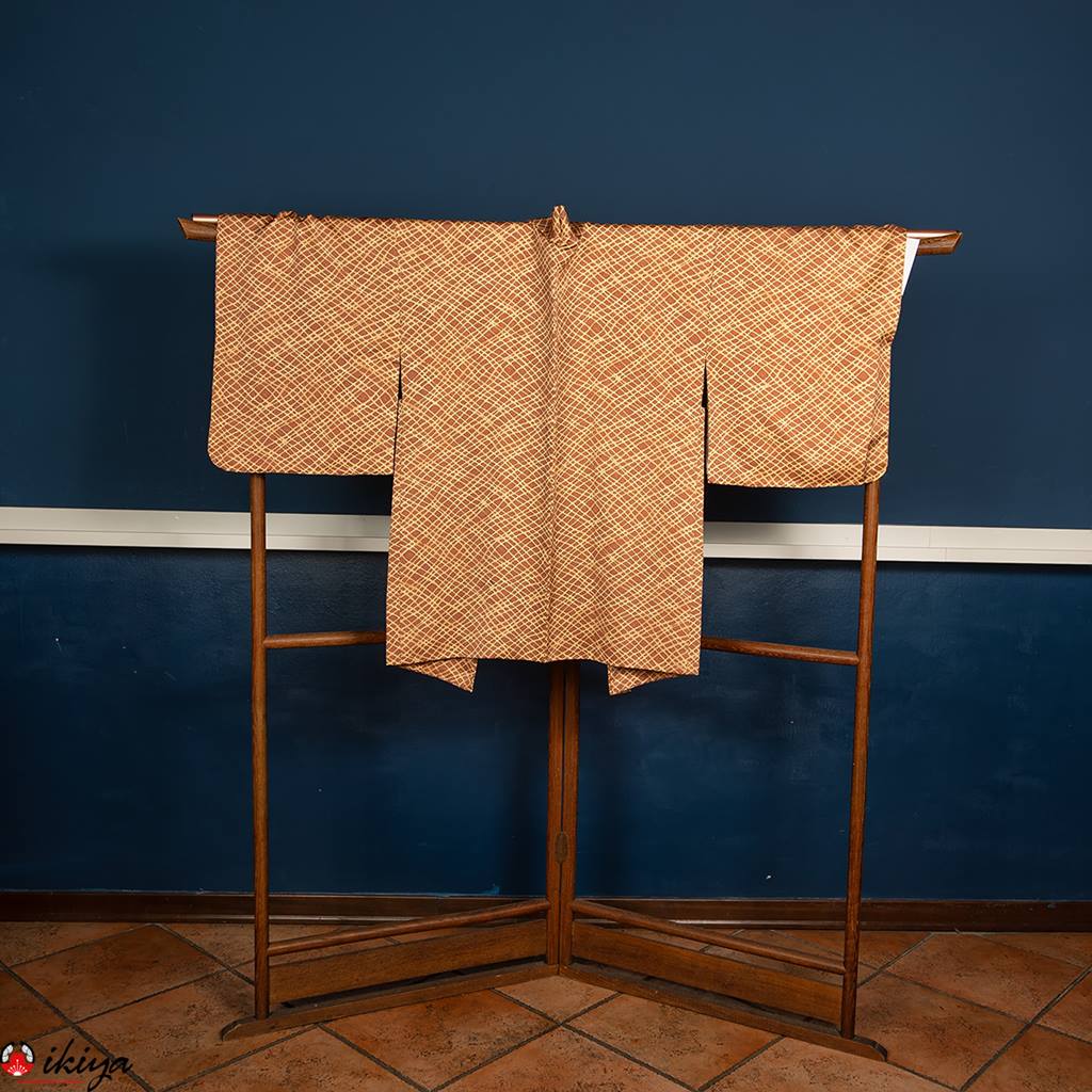 Haori da donna in raso di seta marrone/giallo - immagine 3