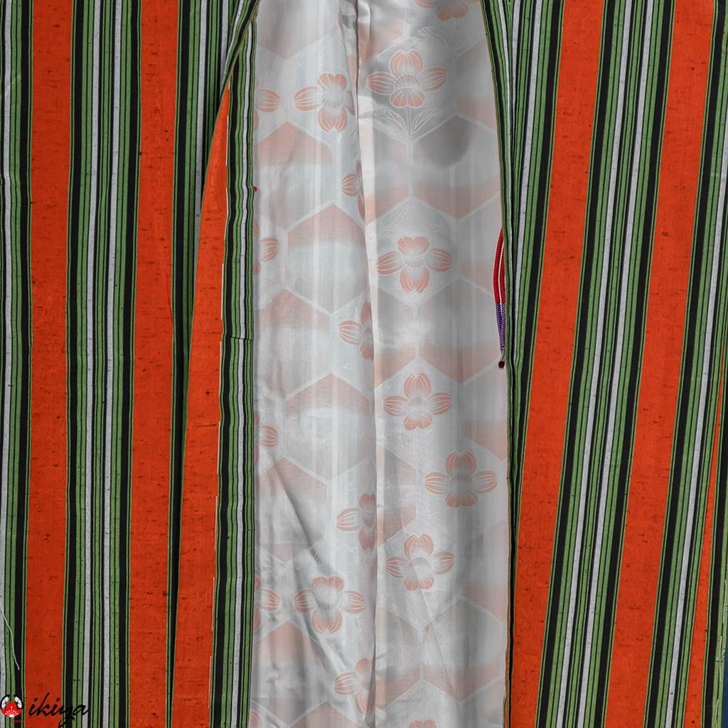Haori da donna in seta Oshima-tsumugi arancione a righe colorate - immagine 3