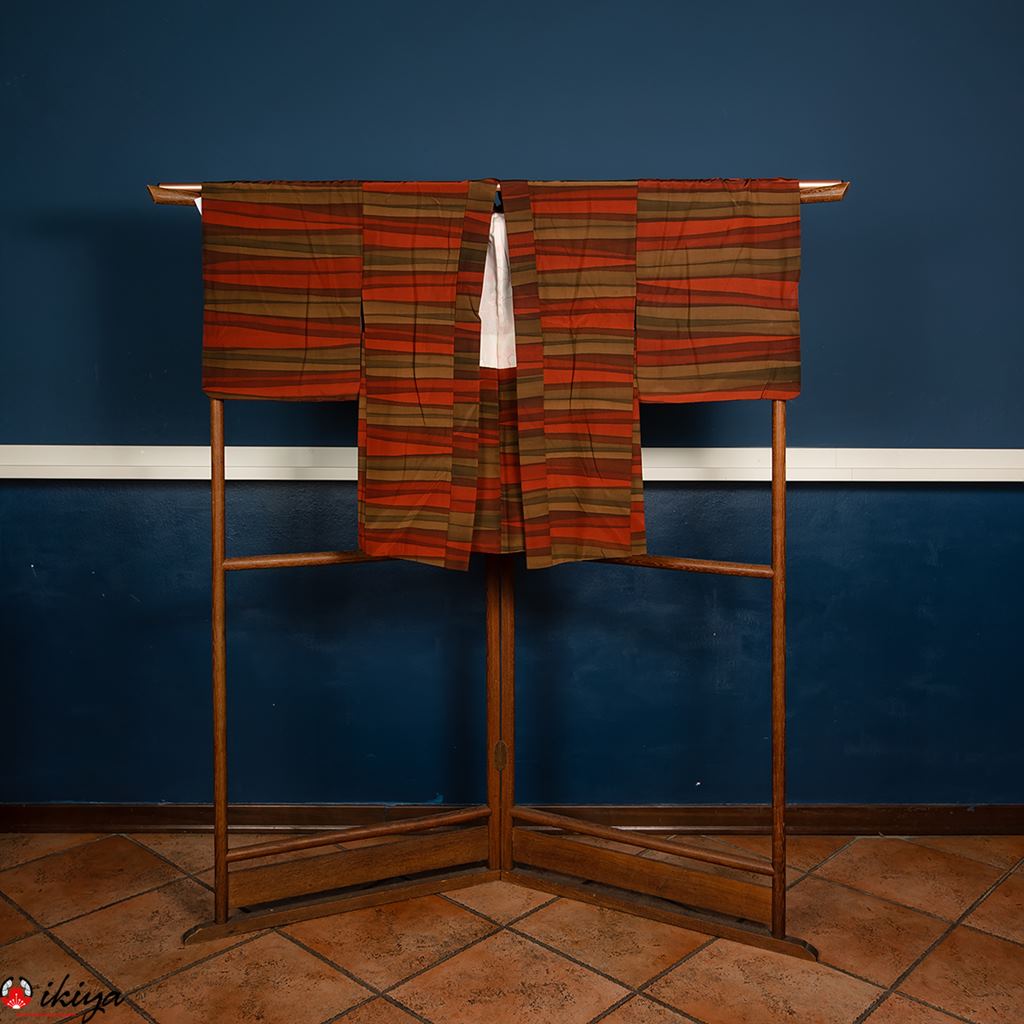 Haori da donna in seta a fasce arancioni e verdi