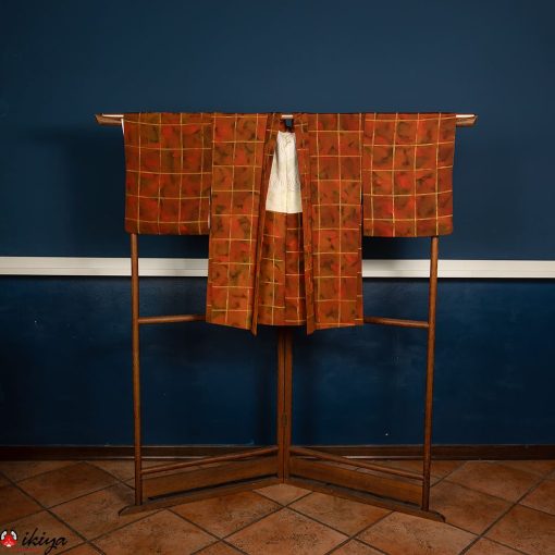 Haori da donna in seta arancione con fantasia a quadri