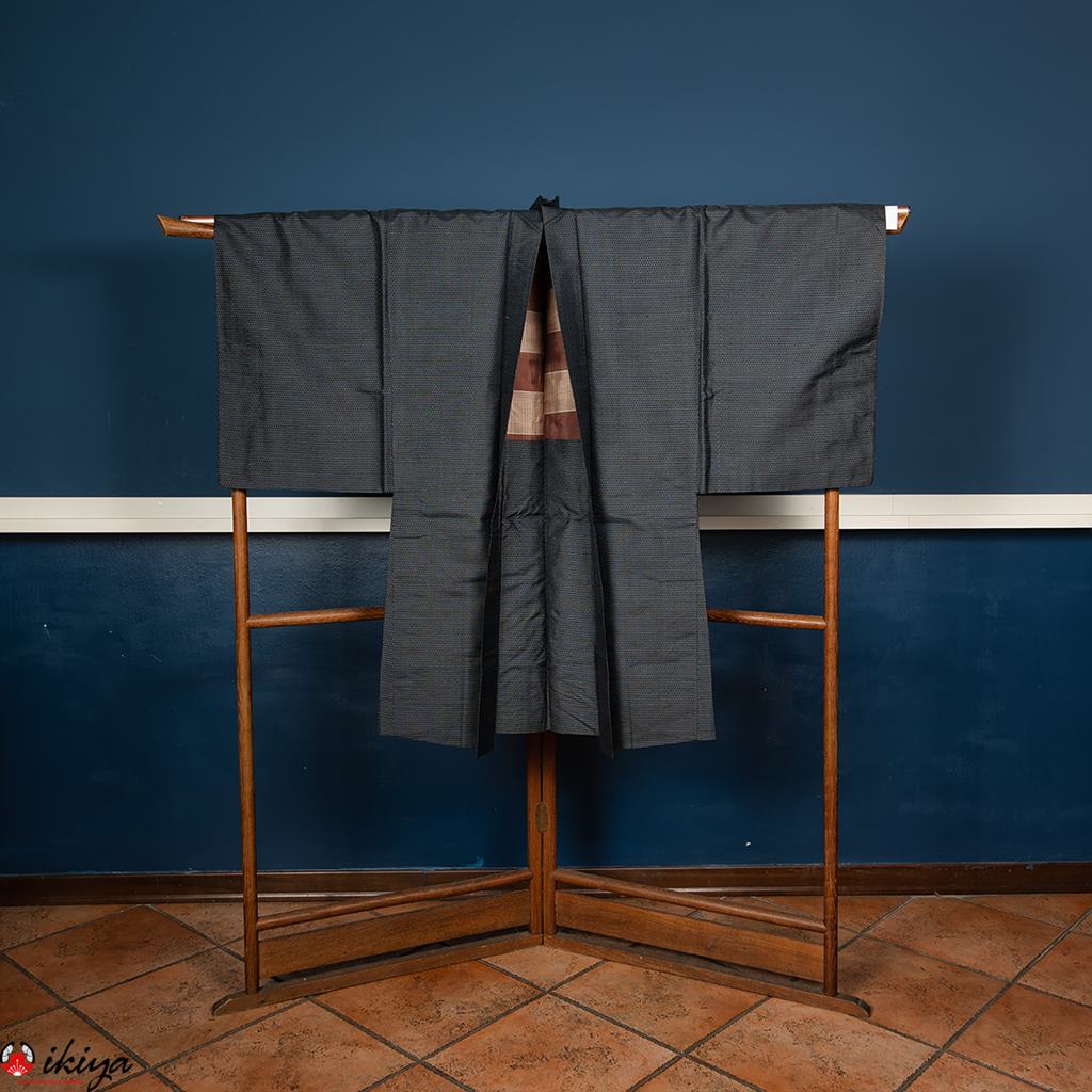 Haori da uomo in seta blu con fodera a righe - immagine 3