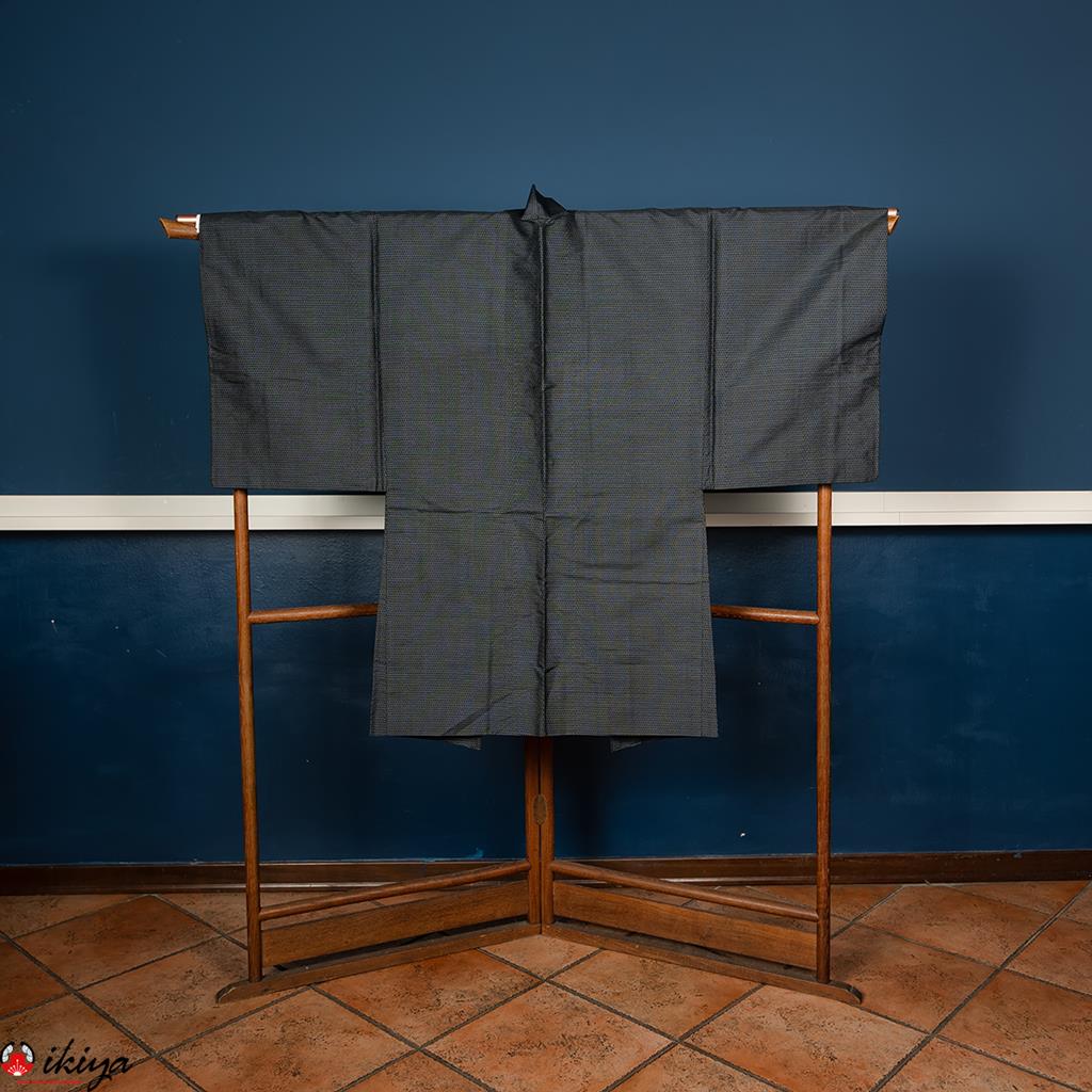 Haori da uomo in seta blu con fodera a righe - immagine 5