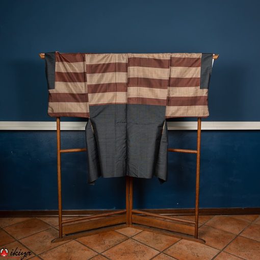 Haori da uomo in seta blu con fodera a righe