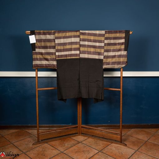 Haori da uomo in seta nera con fodera a righe