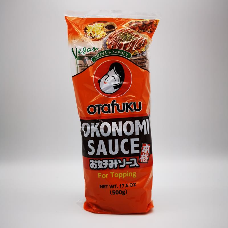 Salsa Otafuku per Okonomiyaki, 500g, in confezione arancione con scritte in giapponese e inglese, etichetta "Vegan Sweet & Savory".