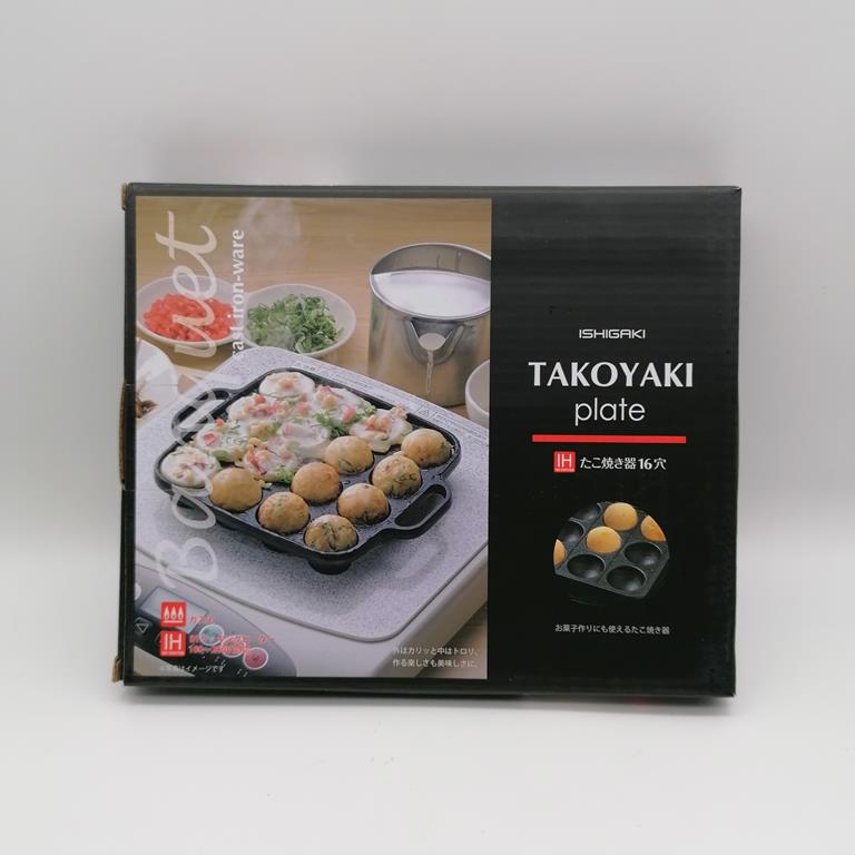 Padella per takoyaki in ghisa ISHIGAKI con 16 fori, pronta per preparare takoyaki croccanti e deliziosi, adatta anche per dolci.