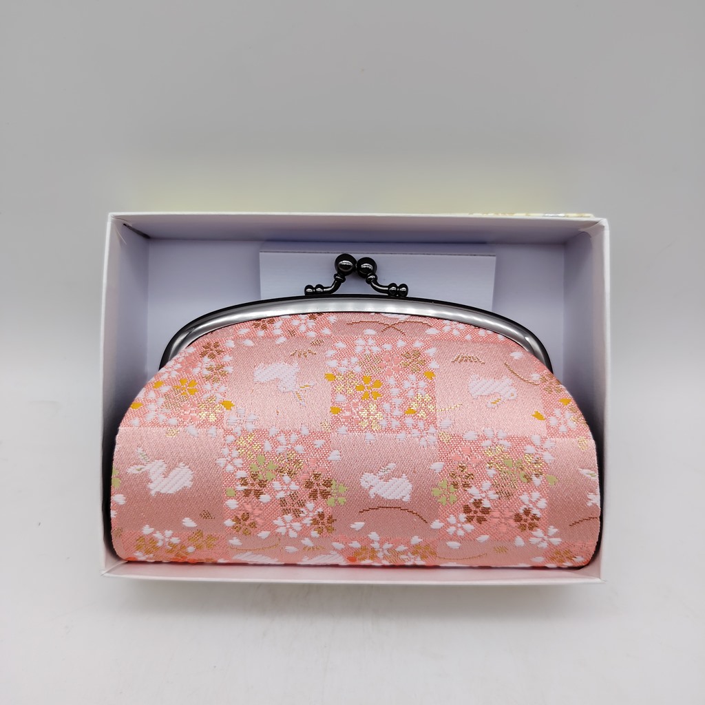 Portamonete artigianale da Kyoto L - Rosa con coniglietti e sakura