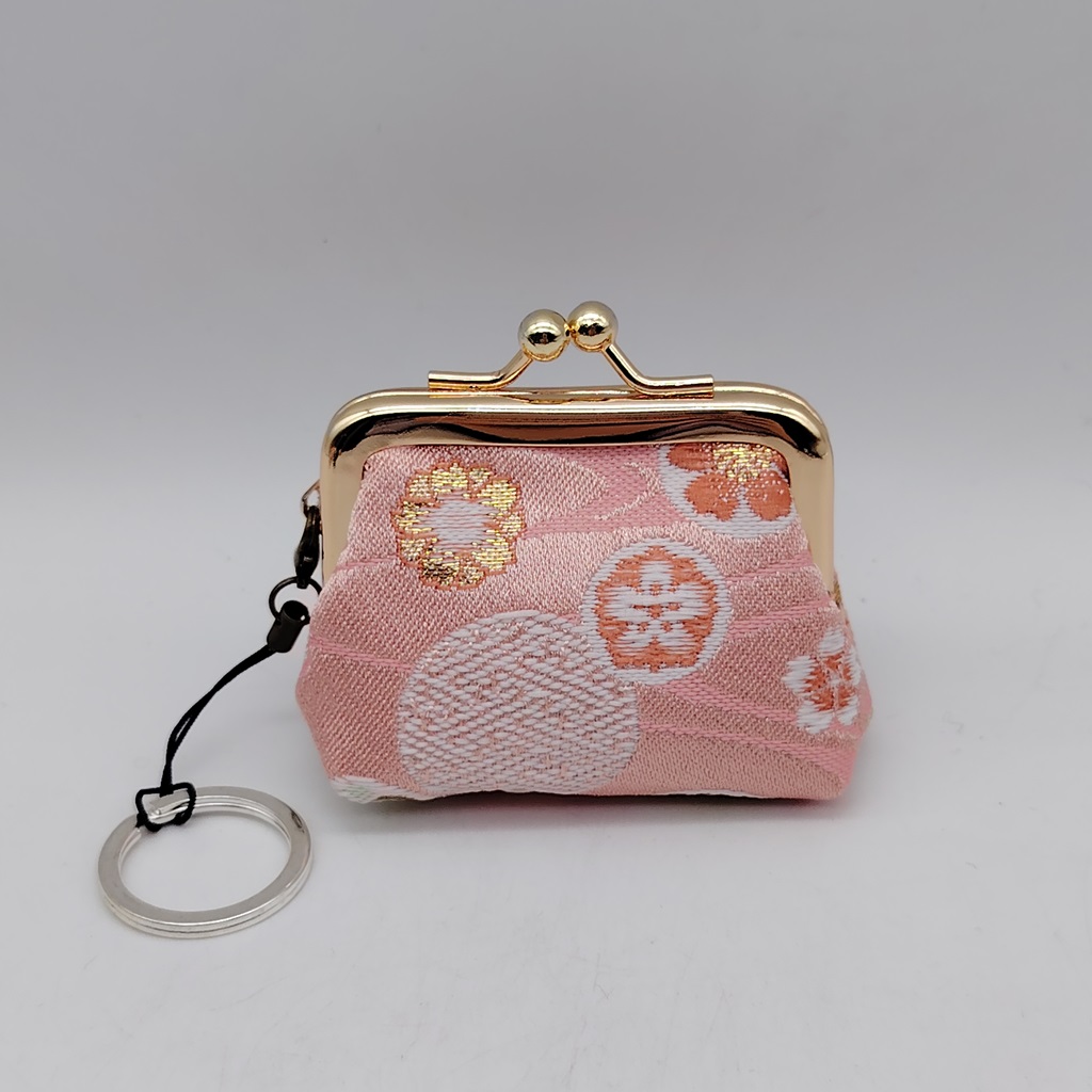Portamonete portachiavi artigianale da Kyoto - rosa con fiori