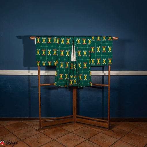Haori da donna in lana verde con motivo in stile kasuri