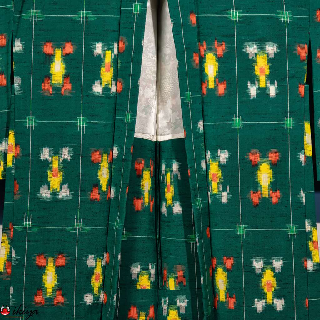 Haori da donna in lana verde con motivo in stile kasuri - immagine 3