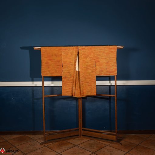 Haori vintage in seta ocra ad effetto sfumato con fili d’erba