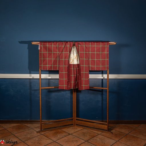 Haori da donna in seta rosso bordeaux con motivo a quadri