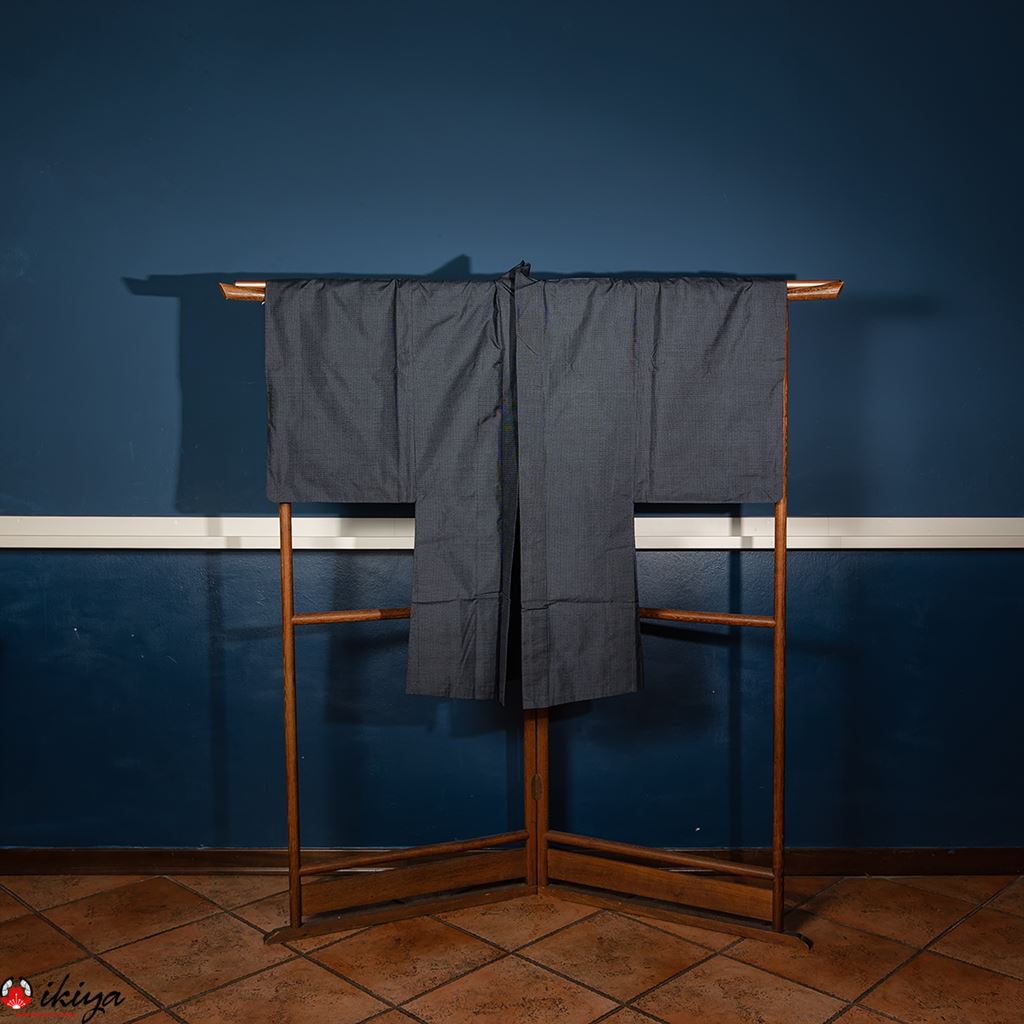 Haori vintage da uomo in seta blu con tigre e bambù - immagine 7