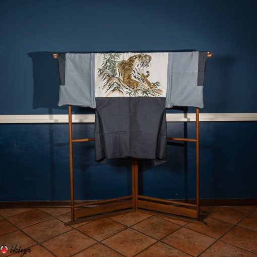 Haori vintage da uomo in seta blu con tigre e bambù