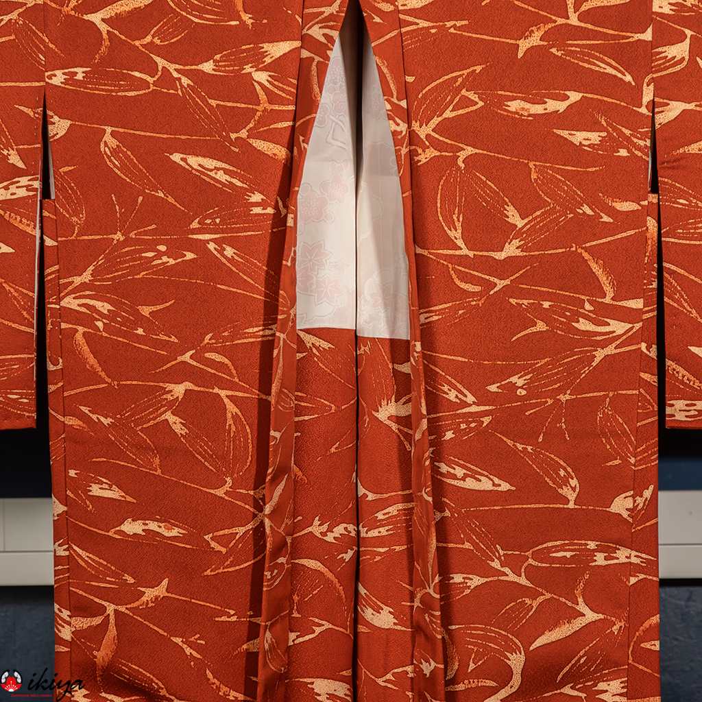 Haori vintage in seta arancione scuro con foglie di bambù stilizzate - immagine 4