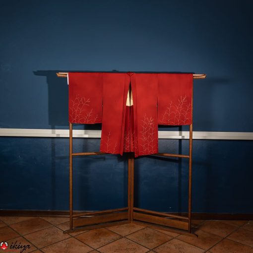Haori vintage in seta rosso scuro con motivo di pampas susuki