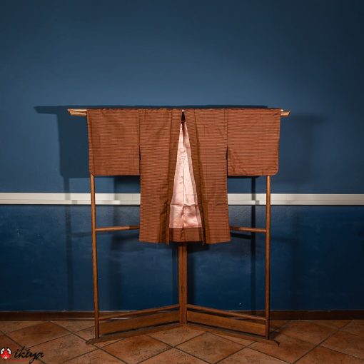 Haori vintage in seta tsumugi marrone a righe orizzontali
