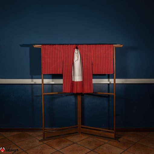 Haori vintage in seta tsumugi rosa scuro a righe verticali nere