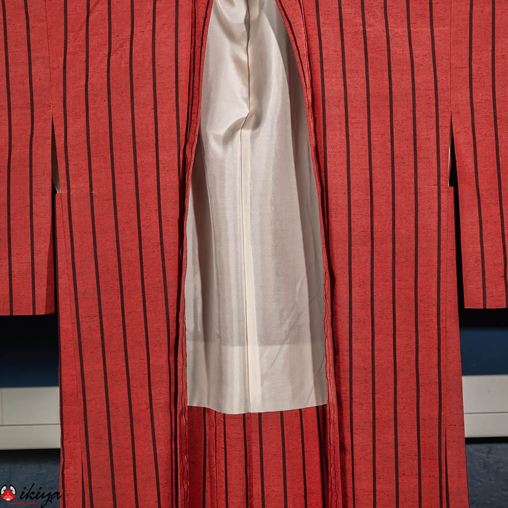 Haori vintage in seta tsumugi rosa scuro a righe verticali nere - immagine 4