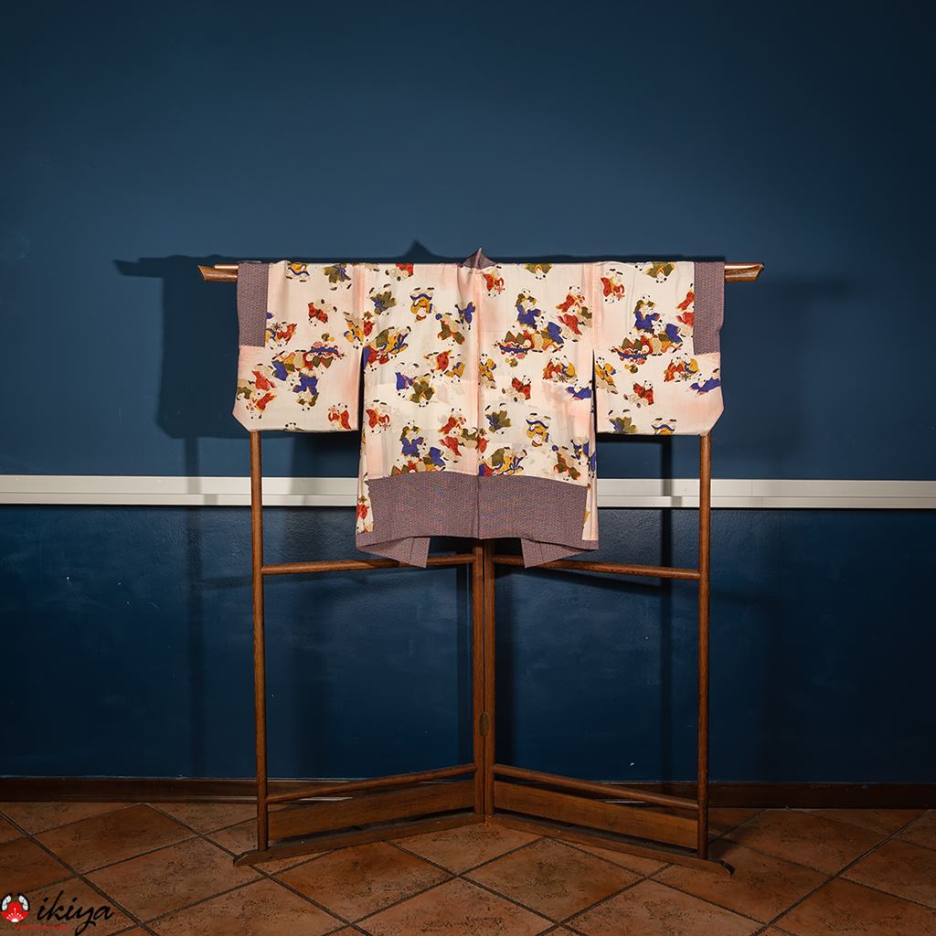 Haori vintage in seta viola con piccolo motivo geometrico e fodera karako - immagine 6