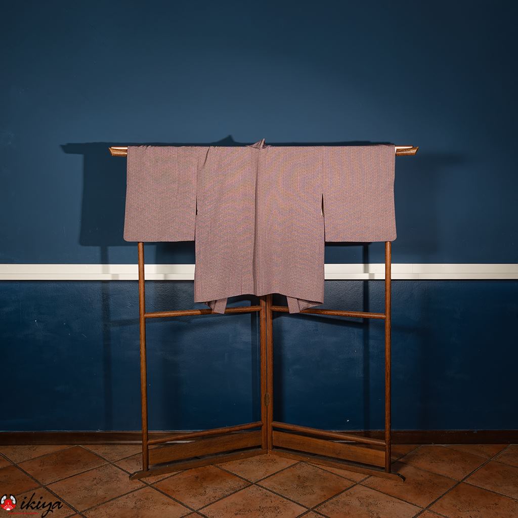 Haori vintage in seta viola con piccolo motivo geometrico e fodera karako - immagine 5
