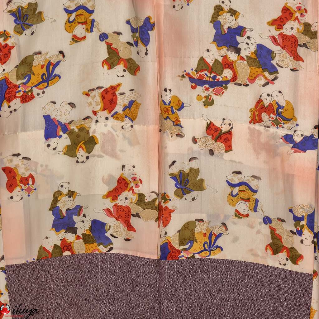 Haori vintage in seta viola con piccolo motivo geometrico e fodera karako - immagine 3