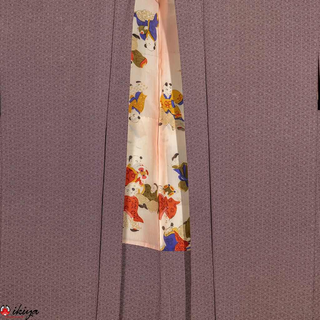 Haori vintage in seta viola con piccolo motivo geometrico e fodera karako - immagine 2