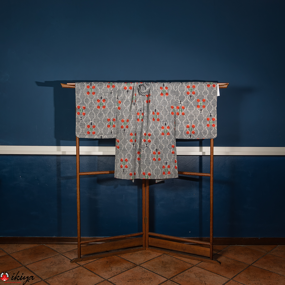 Haori vintage invernale in lana grigia con motivo kasuri - immagine 4
