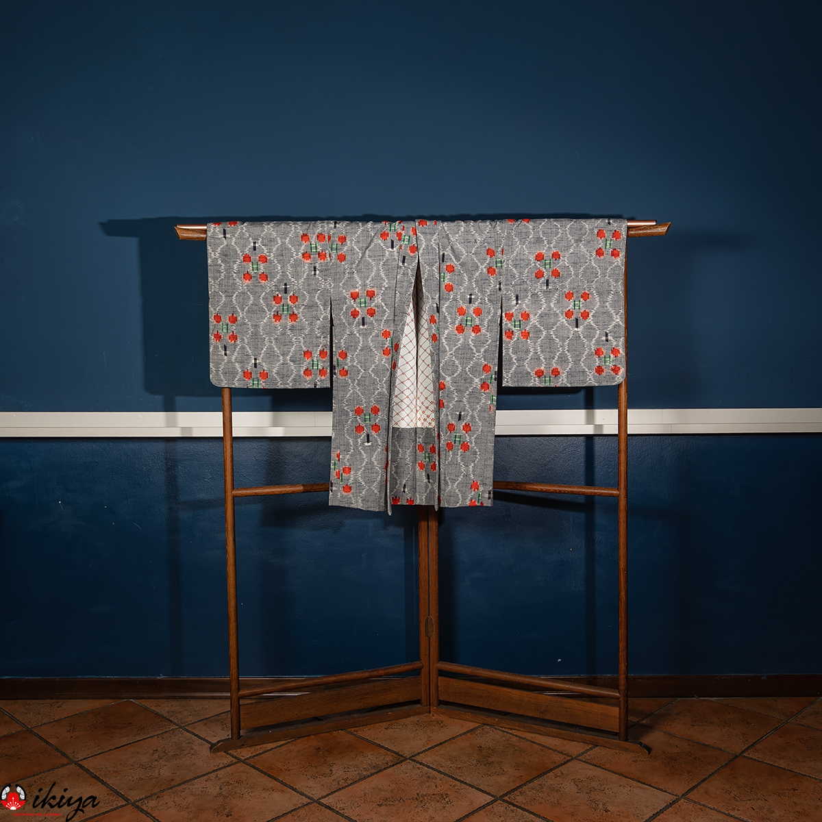 Haori vintage invernale in lana grigia con motivo kasuri