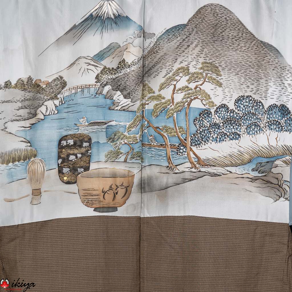 Kimono da uomo vintage in seta grigia marrone con motivo a righe, ideale per cerimonie del tè.