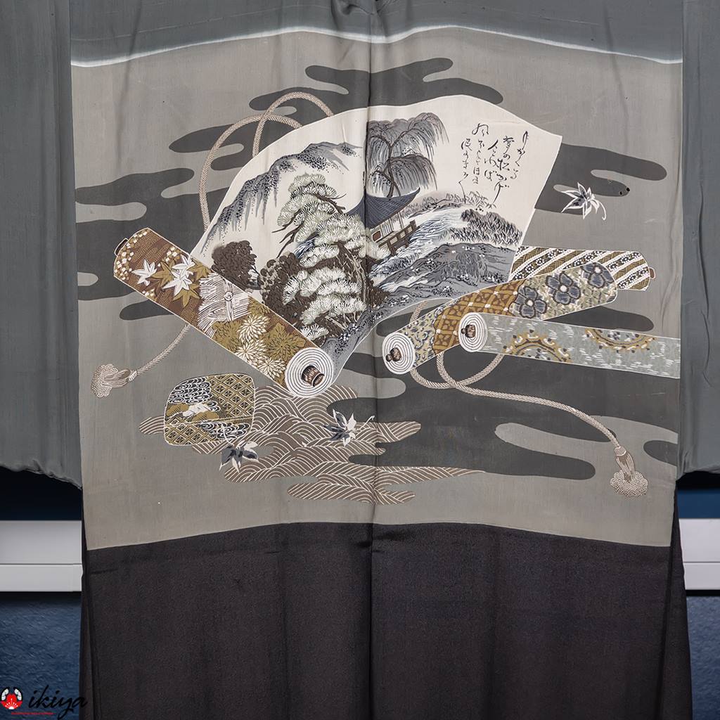 Haori vintage uomo con paesaggio su ventaglio e rotoli